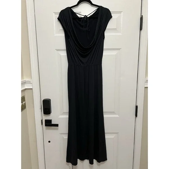 NWT Halara Tie Back Cowl Neck Cap Sleeve Maxi Dress Slip Black Yarn Small Witchy - Picture 5 of 9